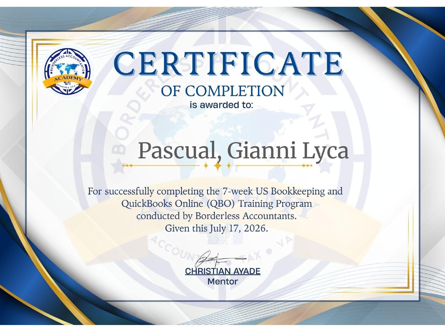 7-Week U.S. Bookkeeping & QuickBooks Online Training Program certificate