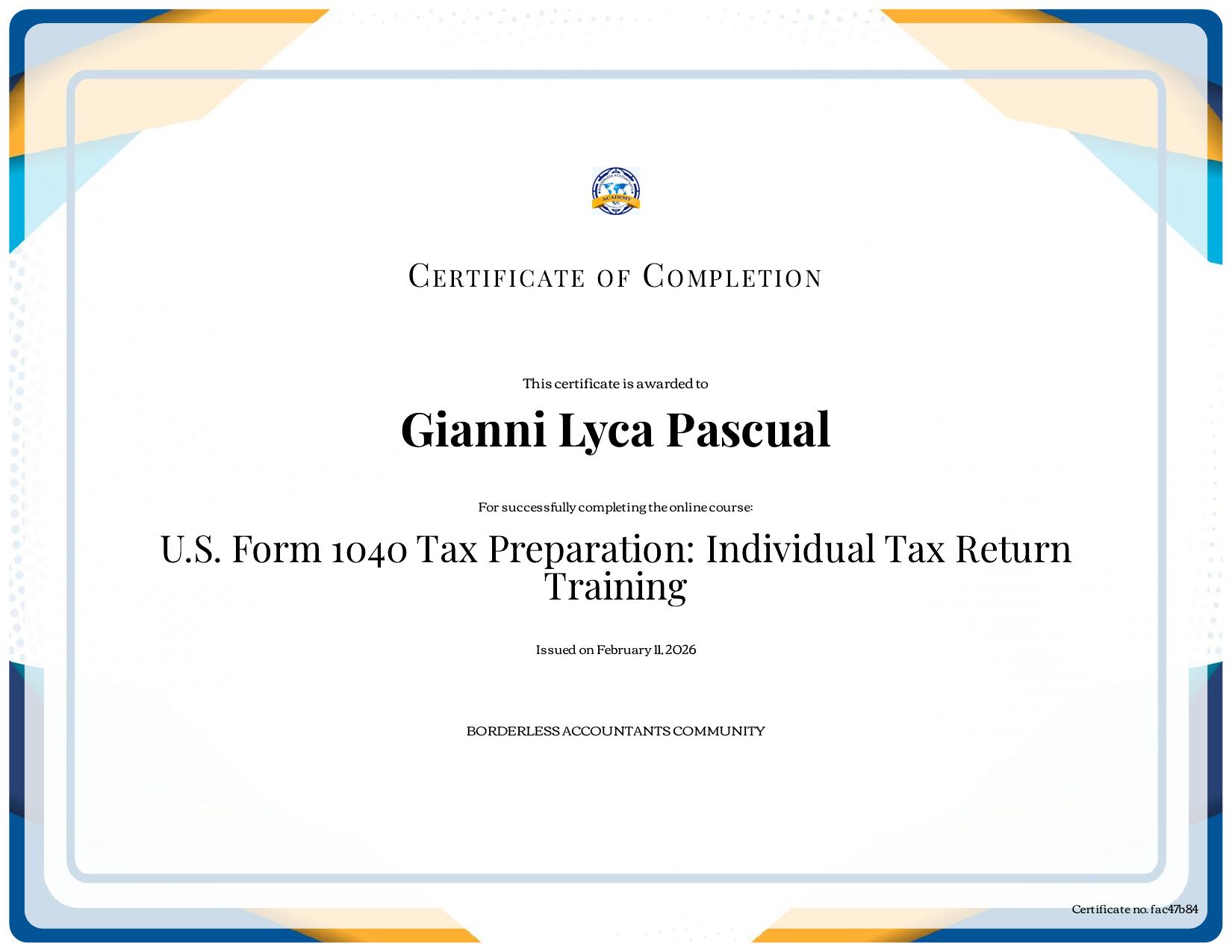 US Form 1040 Tax Preparation: Individual Tax Return Training certificate