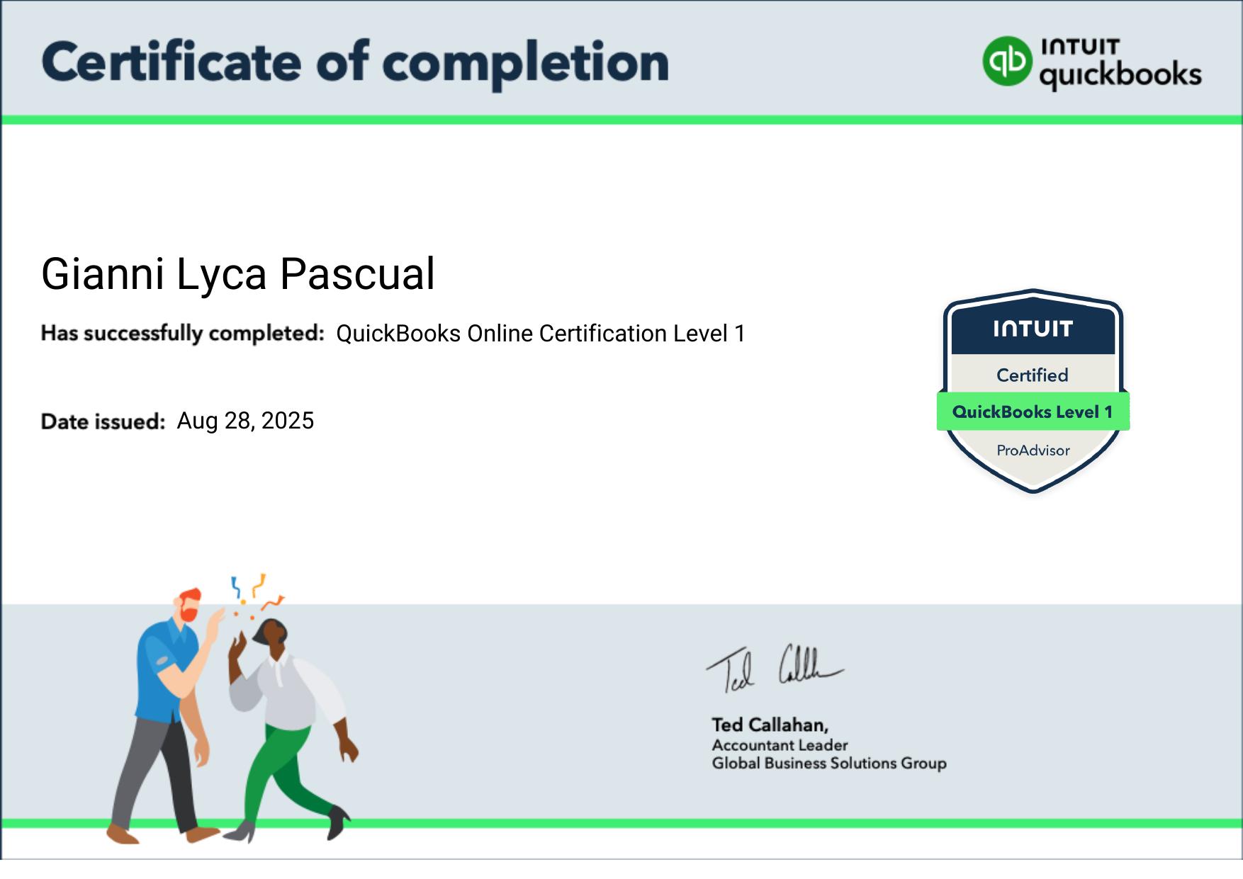 Certified QuickBooks Online ProAdvisor certificate