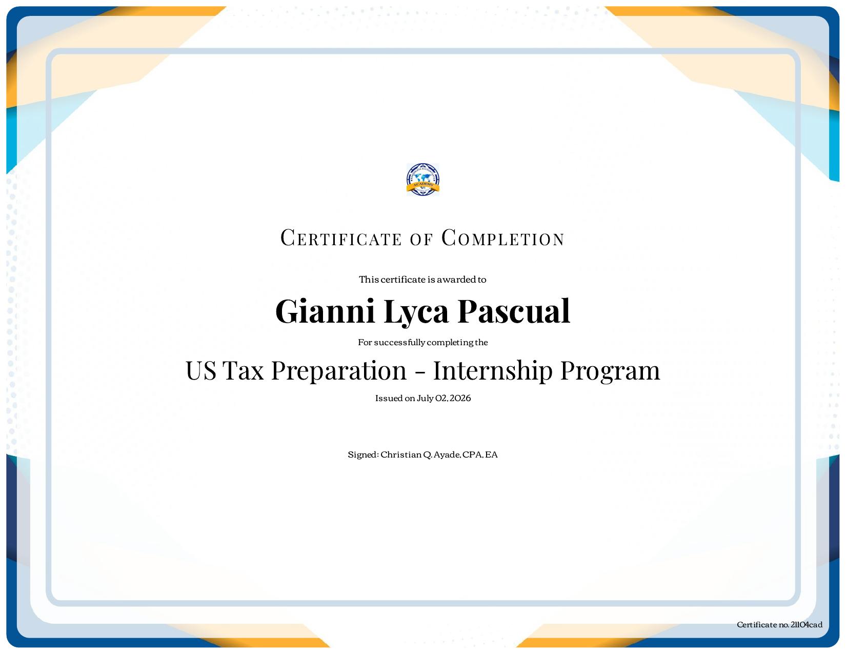 US Tax Preparation — Internship Program certificate