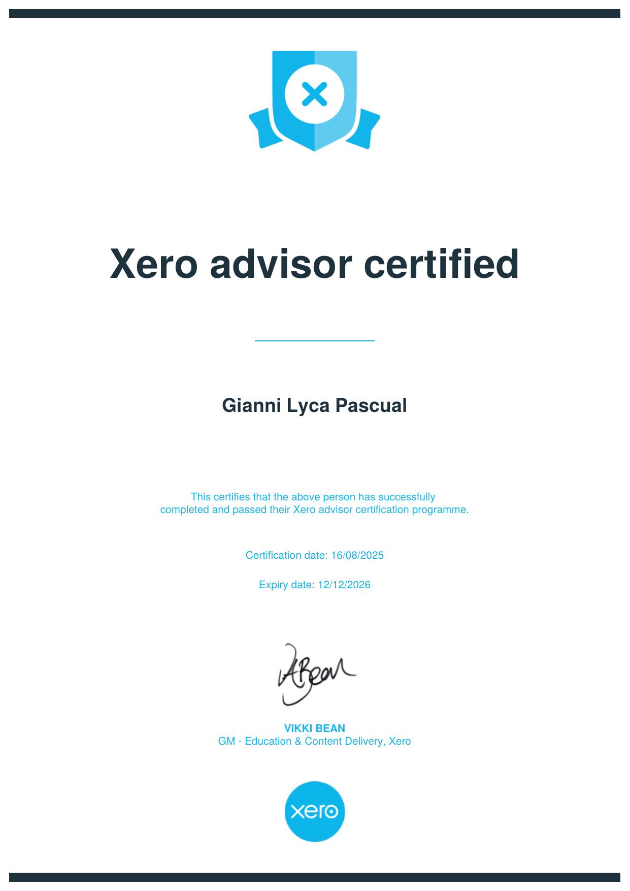 Xero Advisor Certified certificate